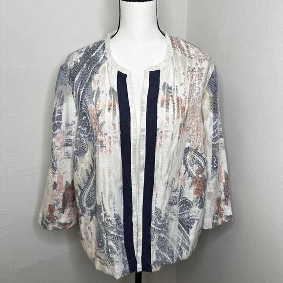 Chico's Watercolor Print Open Jacket‎ Women’s Medium Textured 3/4 Sleeve Size 3 - Picture 2 of 14